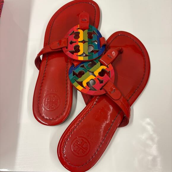 Tory Burch Sandals Ruby Red Rainbow Patented Leather Miller Sandals Size 5.5 - Picture 3 of 5
